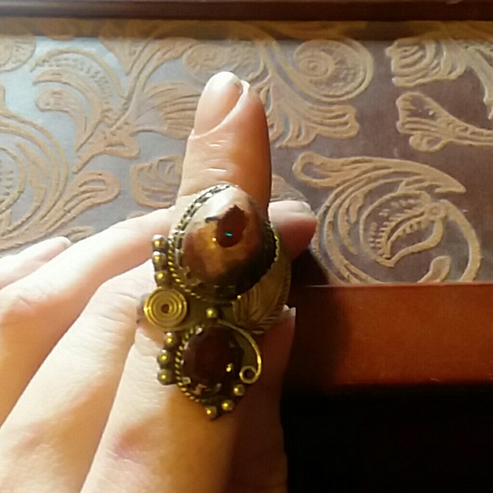 Mexican fire opal and garnet ring